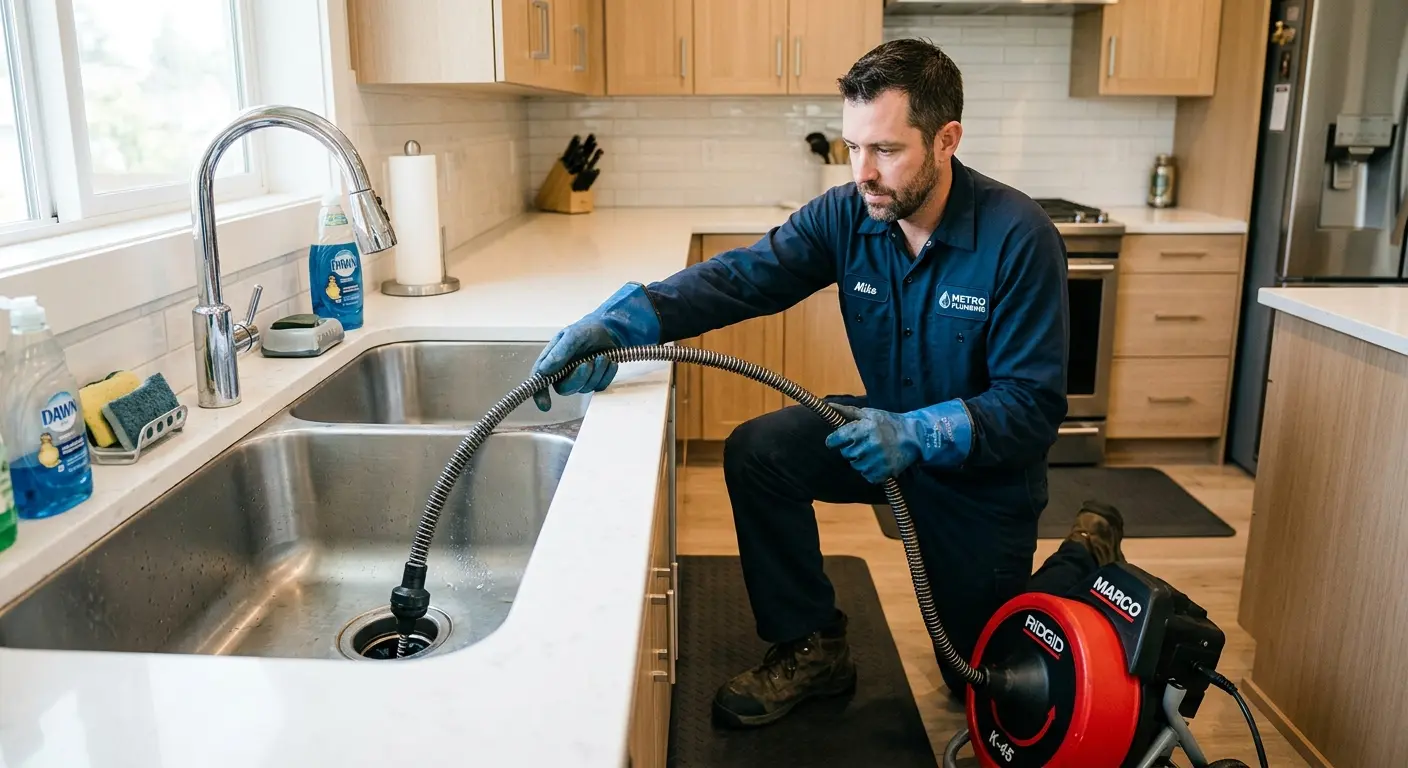 Drain cleaning technician using a motorized snake on a kitchen sink in Texas