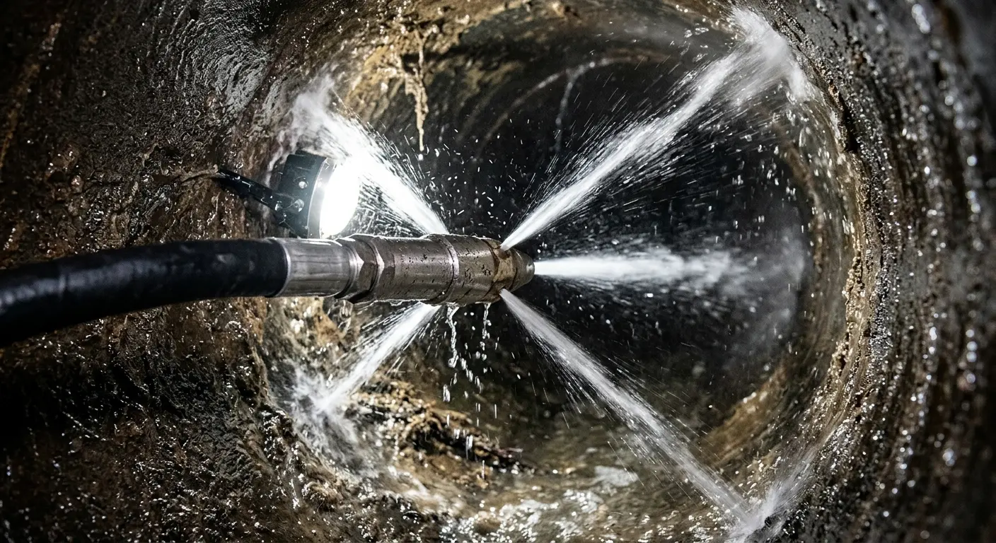 High-pressure hydro jetting nozzle cleaning sewer pipe for Emergency Drain Service in Texas