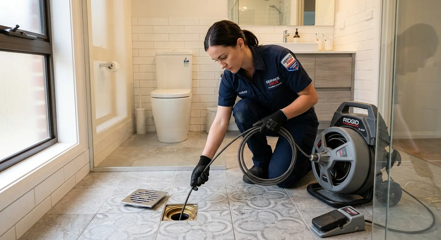 Technician clearing a bathroom floor drain for Drain Cleaning in Texas